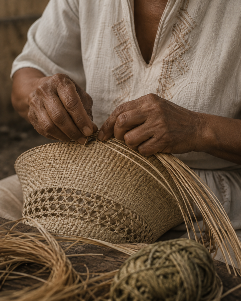 Colombian artisan weaving a natural fiber hat by hand