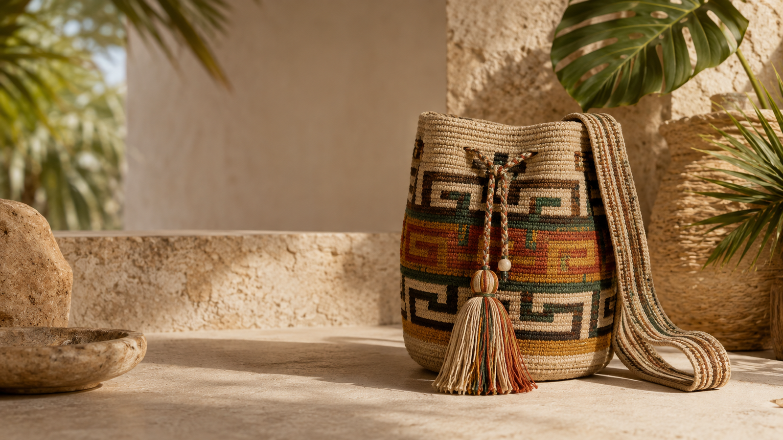 The Sierra Wayuu Bag with earth-tone geometric pattern and woven shoulder strap by Tierra Mía