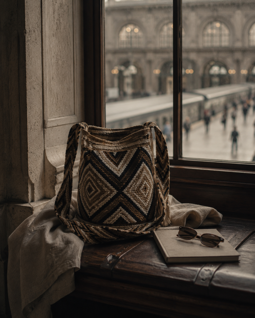 Handcrafted Colombian woven bag by a window
