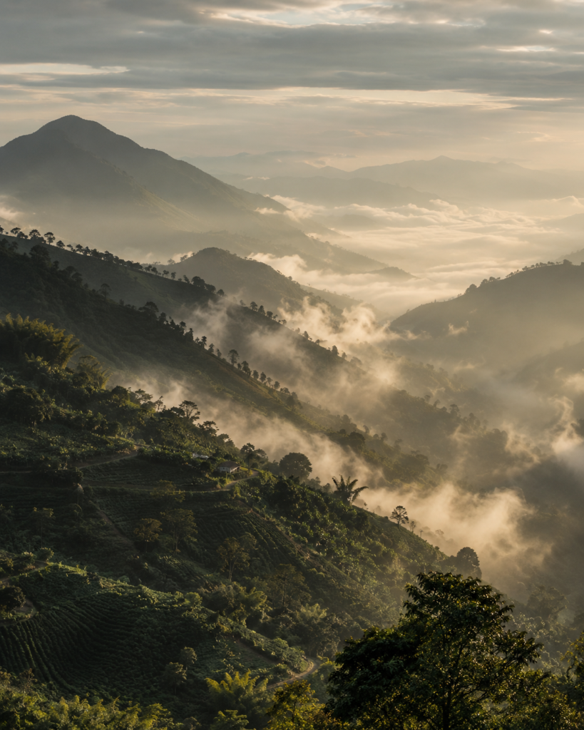 Colombian Andes and coffee-growing mountains at sunrise
