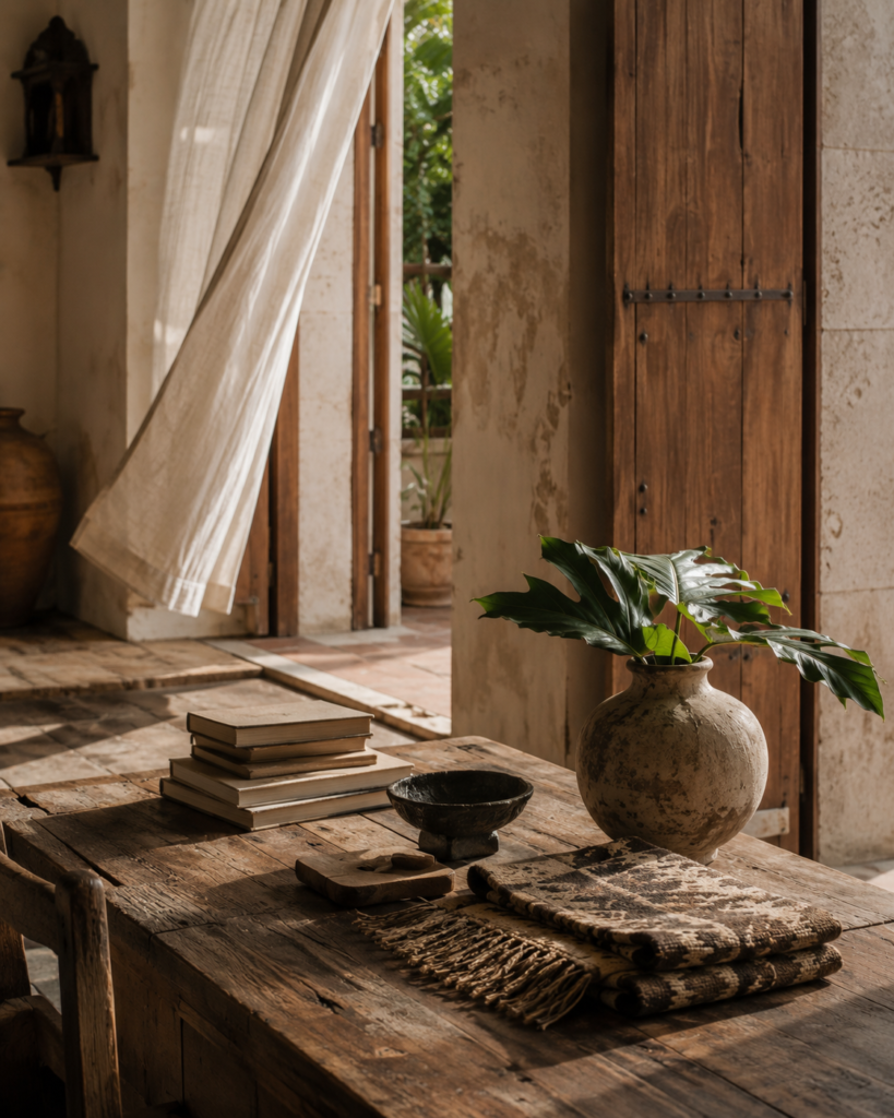 Colombian-inspired artisan interior with woven textiles and natural materials