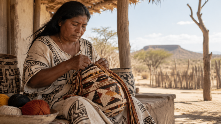 Tierra Mía artisan weaving a patterned fiber bag by hand in a traditional setting
