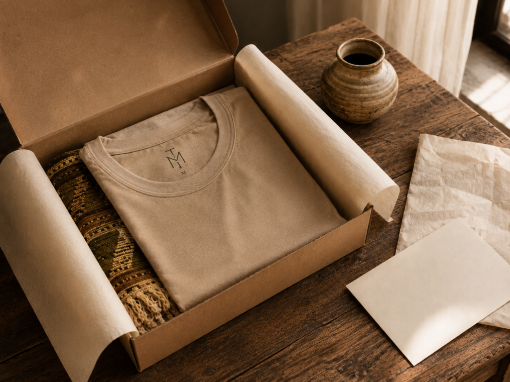 Tierra Mía premium packaging with folded T-shirt and woven Colombian textile
