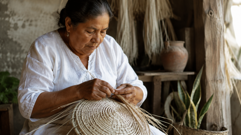 Tierra Mía artisan weaving natural fibers by hand, celebrating Colombian craftsmanship
