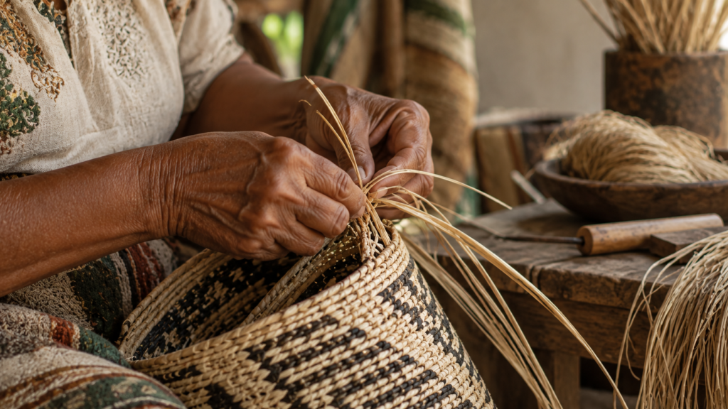 Tierra Mía artisan weaving natural fibers by hand in a traditional craftsmanship process