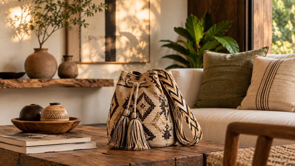 Tierra Mía woven artisan bag with geometric pattern in a warm natural interior